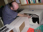 Dad visit Rocky in Cardboard box city (which I set up with empty boxes from the loft)!!